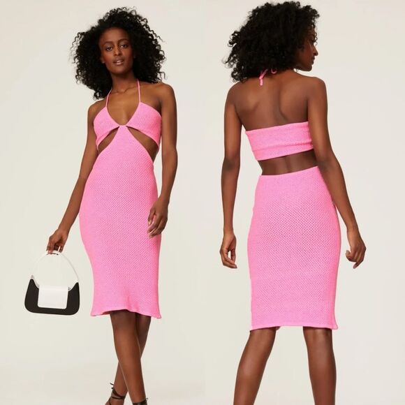 Victor Glemaud Pink Cotton Knit Cutout Midi Dress Size Medium Halter - Picture 1 of 6